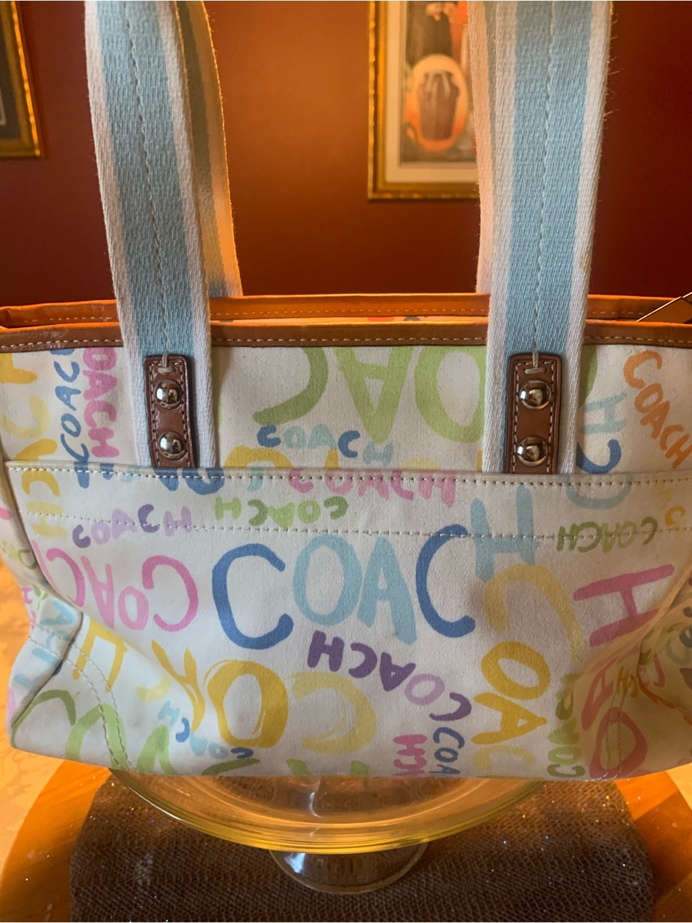Coach Multicolor Graffiti Canvas Tote with snap sides and Light Blue Straps - Picture 3 of 8